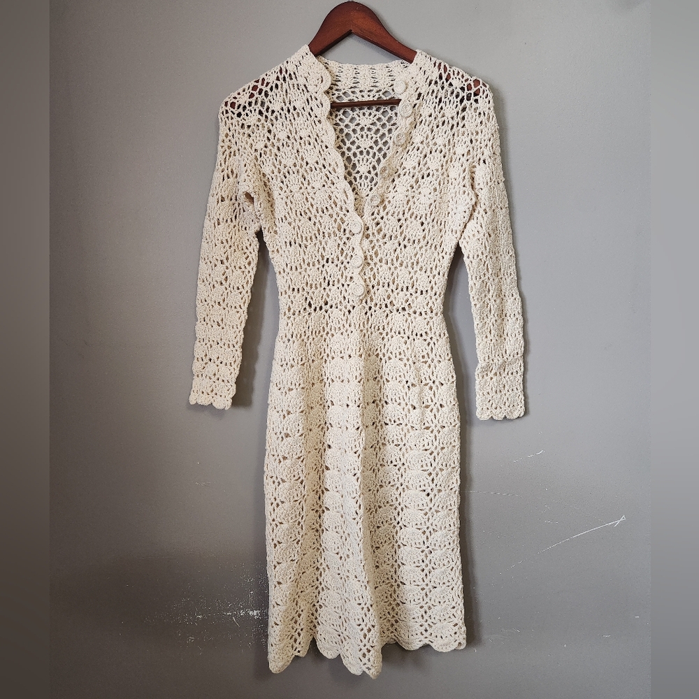 Vintage Cream Crochet Long Sleeve Dress - Gorgeous Hand Crochet XS/S